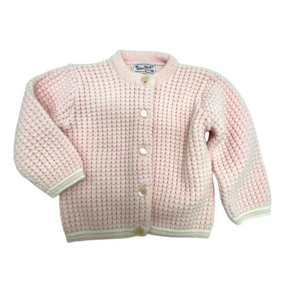 Blue Bird Other - Vtg BLUE BIRD Baby Cardigan Sweater Sz 3-6M Waffle Knit Pearl Button Cottage USA